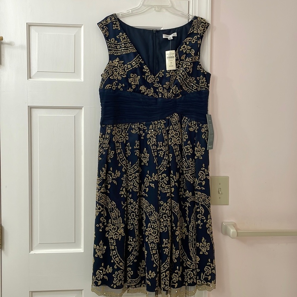 Gorgeous Navy and Gold beaded midi gown or cocktail dress